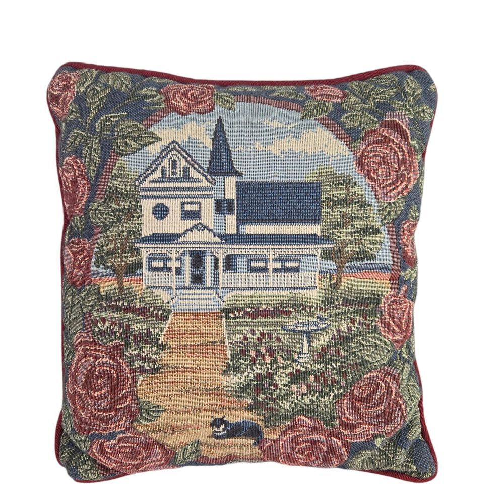 Vintage Tapestry Country House Floral Cat Rectangle 11‎ x 12 Throw Pillow
